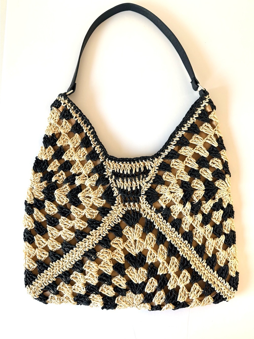 Boho Black & Natural Woven Straw Shoulder Bag Crochet Raffia Hobo Tote Summer